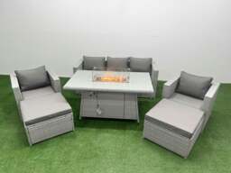 Rackhams 7 Seat PE Rattan Lounge Sofa Set Outdoor Garden Furniture Set with Fire Pit Dining Table 3 Seater Sofa 2 Big Footstools Light Grey - thumbnail 1
