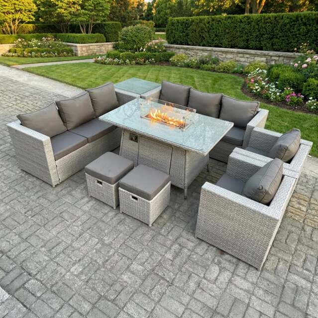 Rackhams 10 Seater Rattan Outdoor Garden Furniture Set with Gas Fire Pit Table, 2 Sofas, 2 Chairs, 2 Footstools, 1 Side Table - Light Grey - image 1