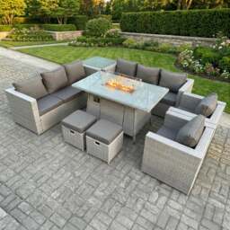 Rackhams 10 Seater Rattan Outdoor Garden Furniture Set with Gas Fire Pit Table, 2 Sofas, 2 Chairs, 2 Footstools, 1 Side Table - Light Grey - thumbnail 1