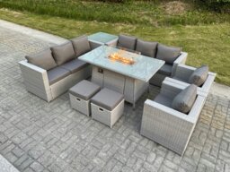 Rackhams 10 Seater Rattan Outdoor Garden Furniture Set with Gas Fire Pit Table, 2 Sofas, 2 Chairs, 2 Footstools, 1 Side Table - Light Grey - thumbnail 2