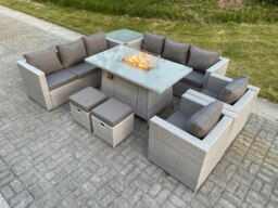 Rackhams 10 Seater Rattan Outdoor Garden Furniture Set with Gas Fire Pit Table, 2 Sofas, 2 Chairs, 2 Footstools, 1 Side Table - Light Grey - thumbnail 3