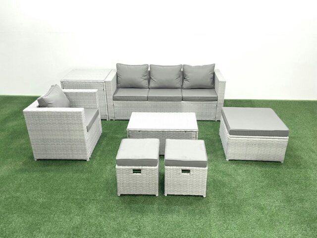 Rackhams 7 Pieces Rattan Garden Furniture Set Outdoor Garden Sofa Chair Coffee Table Set with Side Table 3 Footstools Light Grey Mixed - image 1