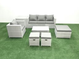 Rackhams 7 Pieces Rattan Garden Furniture Set Outdoor Garden Sofa Chair Coffee Table Set with Side Table 3 Footstools Light Grey Mixed - thumbnail 2