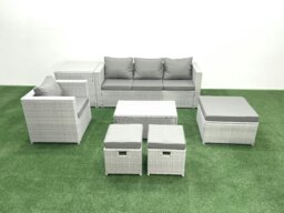 Rackhams 7 Pieces Rattan Garden Furniture Set Outdoor Garden Sofa Chair Coffee Table Set with Side Table 3 Footstools Light Grey Mixed - thumbnail 1