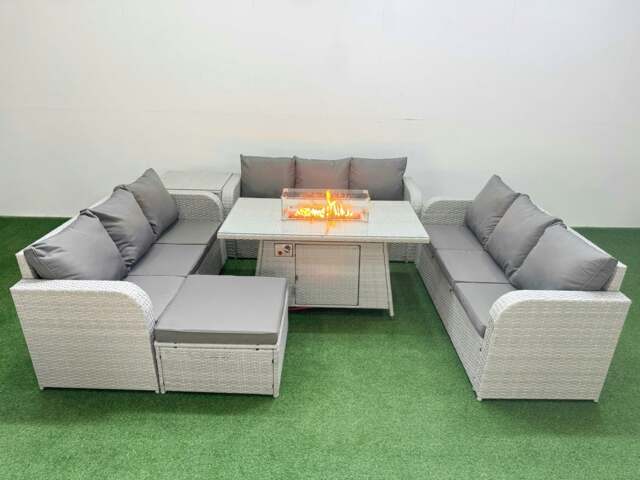 Rackhams PE Rattan Lounge Sofa Set 10 Seater Outdoor Garden Furniture Set with Fire Pit Dining Table 3 Seater Sofa Big Footstool Side Table Light Grey - image 1