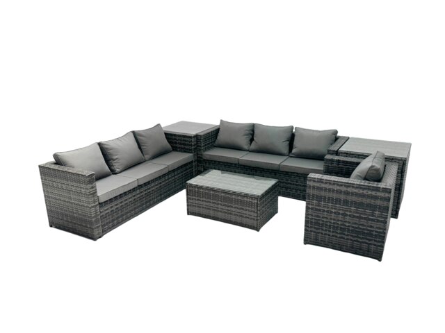 Rackhams Rattan Garden Furniture Dining Set 7 seater Patio Coffee Table Sofa Set with 2 Side Tables Dark Grey Mixed - image 1