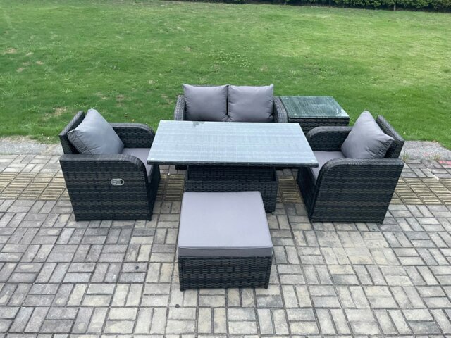 Rackhams PE Rattan Outdoor Garden Furniture Set Height Adjustable Rising lifting Dining Table Love Sofa With Side Table Chair Big Footstool - image 1