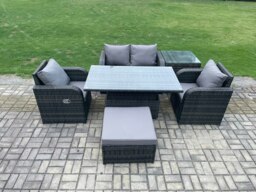 Rackhams PE Rattan Outdoor Garden Furniture Set Height Adjustable Rising lifting Dining Table Love Sofa With Side Table Chair Big Footstool - thumbnail 2