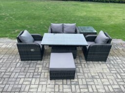 Rackhams PE Rattan Outdoor Garden Furniture Set Height Adjustable Rising lifting Dining Table Love Sofa With Side Table Chair Big Footstool - thumbnail 1