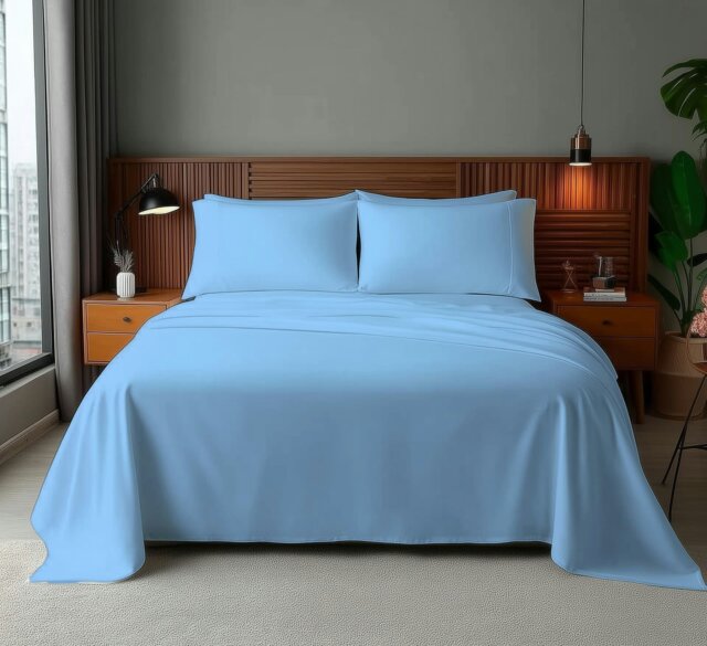 Rackhams Microfibre Soft Touch Flat Sheet Plain Dyed Bed Linen - Double - Sky - image 1