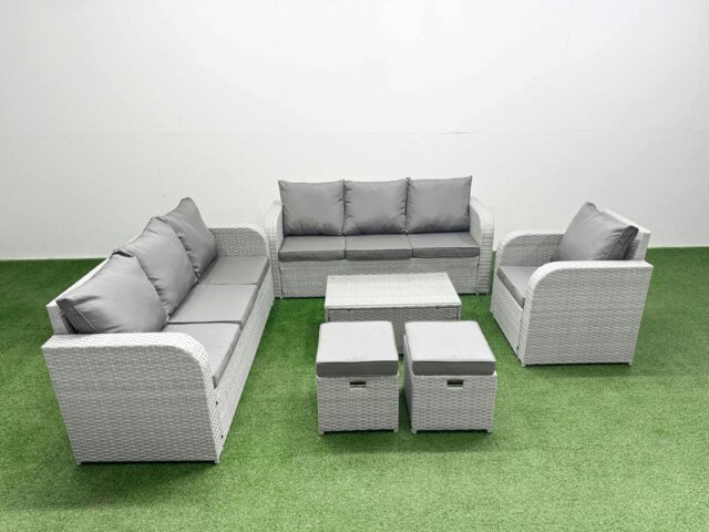 Rackhams 9 Seater Poly Rattan Outdoor Garden Furniture Sofa Set Patio 3 Seater Sofa Reclining Chair 3 Seater Sofa Stools Light Grey - image 1