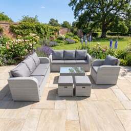 Rackhams 9 Seater Poly Rattan Outdoor Garden Furniture Sofa Set Patio 3 Seater Sofa Reclining Chair 3 Seater Sofa Stools Light Grey