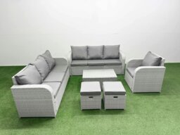 Rackhams 9 Seater Poly Rattan Outdoor Garden Furniture Sofa Set Patio 3 Seater Sofa Reclining Chair 3 Seater Sofa Stools Light Grey - thumbnail 1