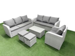 Rackhams 9 Seater Poly Rattan Outdoor Garden Furniture Sofa Set Patio 3 Seater Sofa Reclining Chair 3 Seater Sofa Stools Light Grey - thumbnail 2