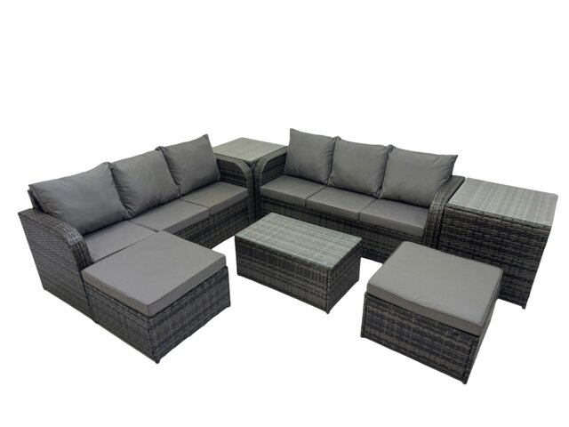 Rackhams Outdoor 3 Seater Sofa Coffee Table Set Garden Rattan Furniture Set 8 Seater with 2 Big Stool 2 Side Tables Dark Grey - image 1