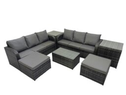 Rackhams Outdoor 3 Seater Sofa Coffee Table Set Garden Rattan Furniture Set 8 Seater with 2 Big Stool 2 Side Tables Dark Grey - thumbnail 1
