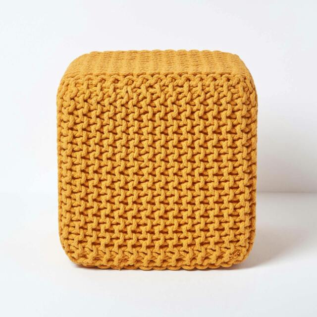 Rackhams Cube Cotton Knitted Pouffe Footstool Bean Filled Hand Knitted - Mustard - image 1