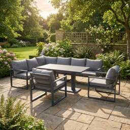 Rackhams 7 Seater Aluminum Outdoor Garden Furniture Set with Corner Sofa, 2 Chairs, Rising Dining Table - Dark Grey - thumbnail 1