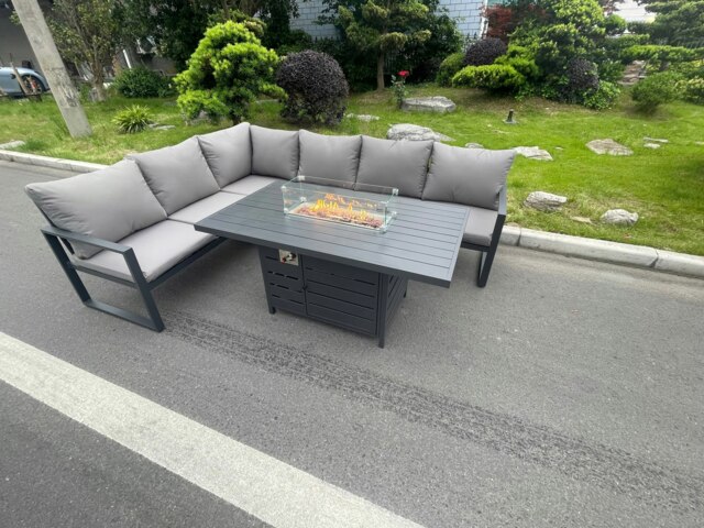 Rackhams Aluminum Outdoor Garden Furniture Corner Sofa Gas Fire Pit Dining Table Sets Gas Heater Burner Dark Grey 6 Seater - image 1