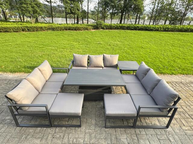 Rackhams 11 Seater Aluminum Garden Furniture Set with Adjustable Rising Dining Table, 3 Sofas, 2 Footstools & Side Table - Grey - image 1