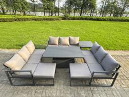 Rackhams 11 Seater Aluminum Garden Furniture Set with Adjustable Rising Dining Table, 3 Sofas, 2 Footstools & Side Table - Grey - thumbnail 1