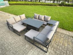 Rackhams 11 Seater Aluminum Garden Furniture Set with Adjustable Rising Dining Table, 3 Sofas, 2 Footstools & Side Table - Grey - thumbnail 2