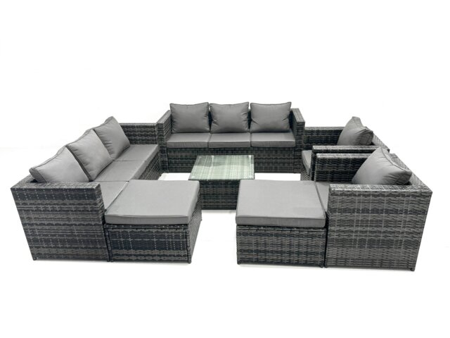 Rackhams Outdoor Rattan Garden Furniture Set 10 Seater Patio Lounge Sofa Set with Armchair Square Coffee Table 2 Big Footstool Dark Grey Mixed - image 1