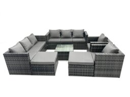 Rackhams Outdoor Rattan Garden Furniture Set 10 Seater Patio Lounge Sofa Set with Armchair Square Coffee Table 2 Big Footstool Dark Grey Mixed - thumbnail 1