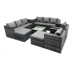 Rackhams Outdoor Rattan Garden Furniture Set 10 Seater Patio Lounge Sofa Set with Armchair Square Coffee Table 2 Big Footstool Dark Grey Mixed - thumbnail 2