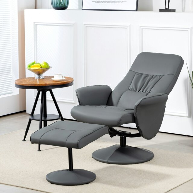 Rackhams PU Leather Armchair and Footrest Swivel Recliner - Grey - PU, Sponge, Metal - image 1
