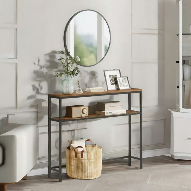 Rackhams Industrial Slim Console Table With 2 Shelves Rustic Brown - image 1