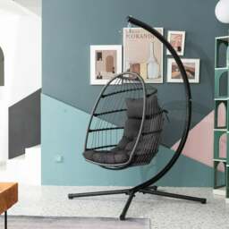 Rackhams Hanging Egg Chair, Patio Rattan Swing Egg Chair With Stand and Cushion, Garden Hammock Swing Chair - Gray - thumbnail 4
