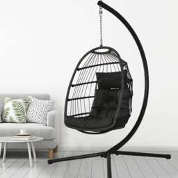 Rackhams Hanging Egg Chair, Patio Rattan Swing Egg Chair With Stand and Cushion, Garden Hammock Swing Chair - Gray - thumbnail 5