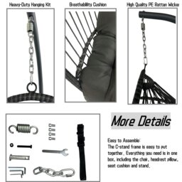 Rackhams Hanging Egg Chair, Patio Rattan Swing Egg Chair With Stand and Cushion, Garden Hammock Swing Chair - Gray - thumbnail 6