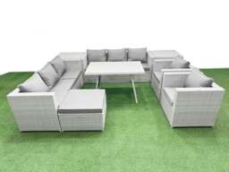 Rackhams 9 Seat Garden Furniture Set PE Rattan Garden Sofa Set with Rectangular Dining Table Big Stool 2 Side Tables Light Grey - thumbnail 1