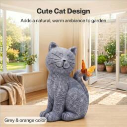 Rackhams Cat Garden Ornaments Outdoor Resin Gray Orange Solar LED Decor - thumbnail 4