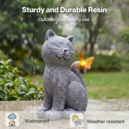 Rackhams Cat Garden Ornaments Outdoor Resin Gray Orange Solar LED Decor - thumbnail 6