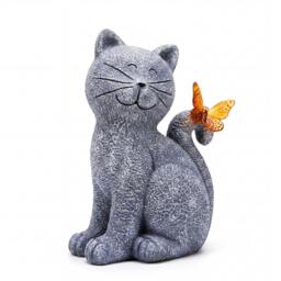 Rackhams Cat Garden Ornaments Outdoor Resin Gray Orange Solar LED Decor - thumbnail 1