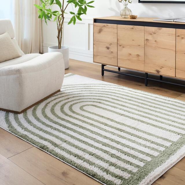 Rackhams Fossay Shag-Washable Beige Green Modern High Pile Rug - 140 x 200 cm - image 1