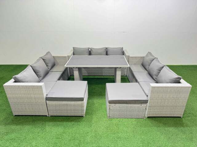 Rackhams Patio Outdoor Garden Furniture Sets with Black Glass Top Dining Table 3 Seater Sofa 2 Big Stool Light Grey - image 1