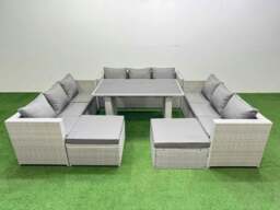 Rackhams Patio Outdoor Garden Furniture Sets with Black Glass Top Dining Table 3 Seater Sofa 2 Big Stool Light Grey