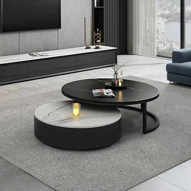 Rackhams Kahoo Nesting Coffee Table, TV Stand, Sintered Stone - NO TV Stand - Black With Gold Line Top + White Top - image 1
