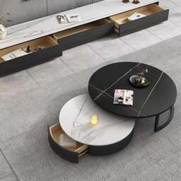 Rackhams Kahoo Nesting Coffee Table, TV Stand, Sintered Stone - NO TV Stand - Black With Gold Line Top + White Top - thumbnail 4