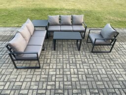Rackhams Aluminium 7 Seater Garden Furniture Outdoor Patio Sofa Set with Rectangular Coffee Table Armchair Side Table Dark Grey - thumbnail 2
