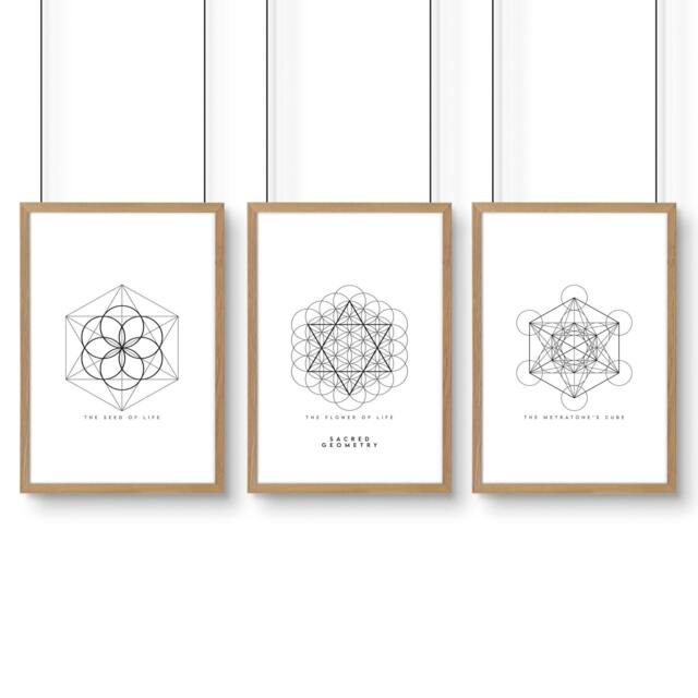 Rackhams Canvas Pictures For Living Room - Set of 3 Sacred Geometry Wall art Prints - 20 x 30 in / 50 x 76 cm - Matte Museum Quality Art Paper 290 gsm - Oak Frame - image 1