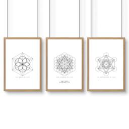 Rackhams Canvas Pictures For Living Room - Set of 3 Sacred Geometry Wall art Prints - 20 x 30 in / 50 x 76 cm - Matte Museum Quality Art Paper 290 gsm - Oak Frame