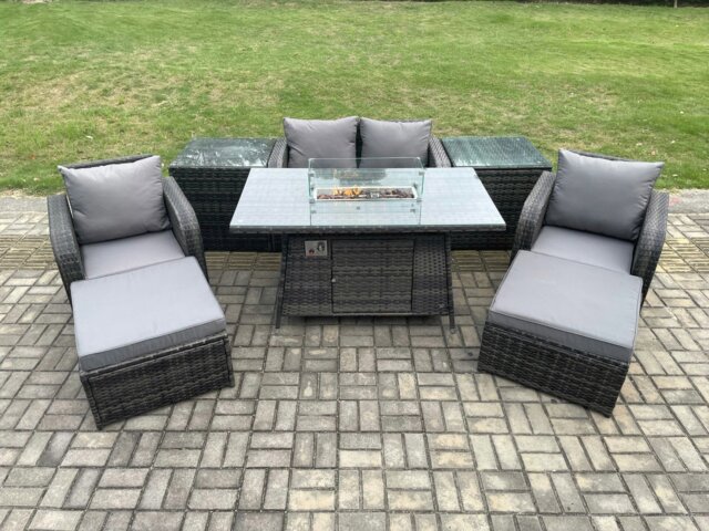 Rackhams Patio Outdoor Rattan Garden Furniture Set Propane Gas Fire Pit Table Burner with Love seat Sofa 2 Big Footstool 2 Side Tables - image 1