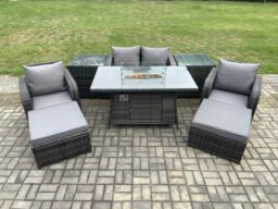 Rackhams Patio Outdoor Rattan Garden Furniture Set Propane Gas Fire Pit Table Burner with Love seat Sofa 2 Big Footstool 2 Side Tables - thumbnail 1