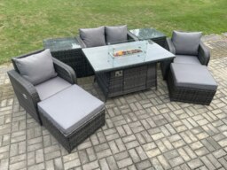 Rackhams Patio Outdoor Rattan Garden Furniture Set Propane Gas Fire Pit Table Burner with Love seat Sofa 2 Big Footstool 2 Side Tables - thumbnail 2