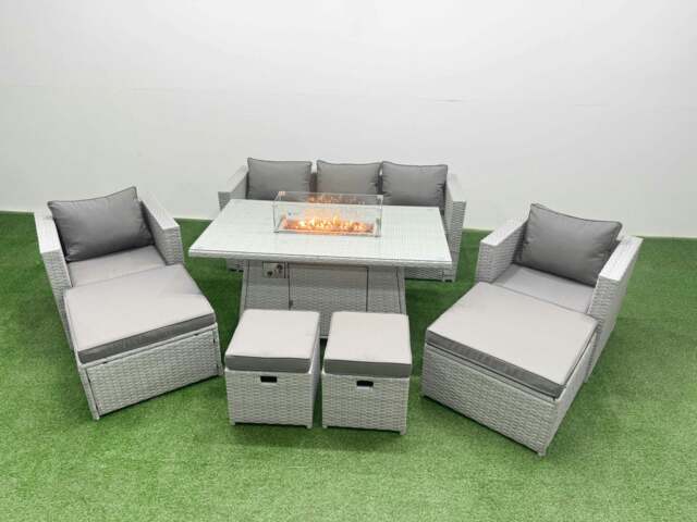 Rackhams 9 Seat PE Rattan Lounge Sofa Set Outdoor Garden Furniture Set with Fire Pit Dining Table 3 Seater Sofa 4 Footstools Light Grey - image 1